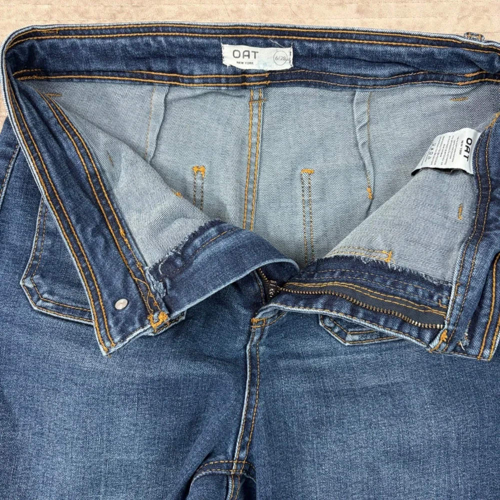 OAT New York High Rise Wide Leg Raw Hem Blue Denim Jeans Womens Size 6/28